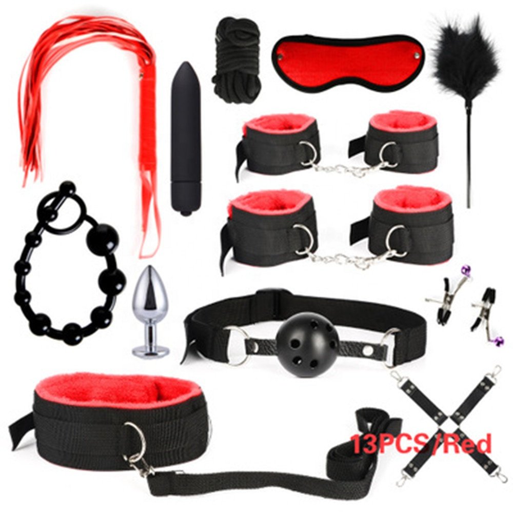 Popular 13 pcs BDSM Kits Sex Toys Women Men Handcuffs Nipple Clamps Whip Spanking Metal Anal Plug Vibrator Butt Bdsm Bondage Set