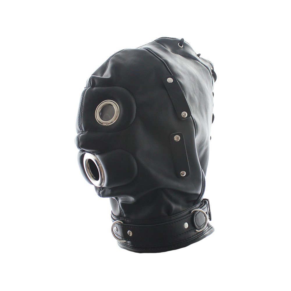 Pink Color Bondage Hood BDSM Leather Muzzle Gimp with Detachable Eye Pad Penis Mouth Gag Head Harness Sexy Costume Accessory
