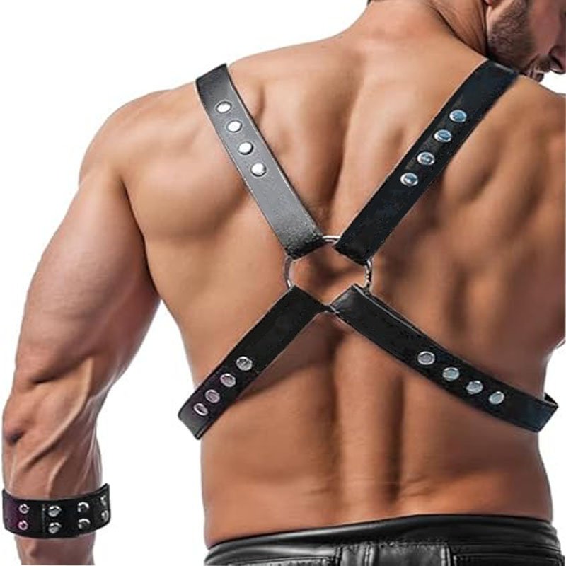 OEM PU Leather Sexy Bondage Gear Men Lingerie Leather Harness Man Black Shoulder Strap Connected Belts