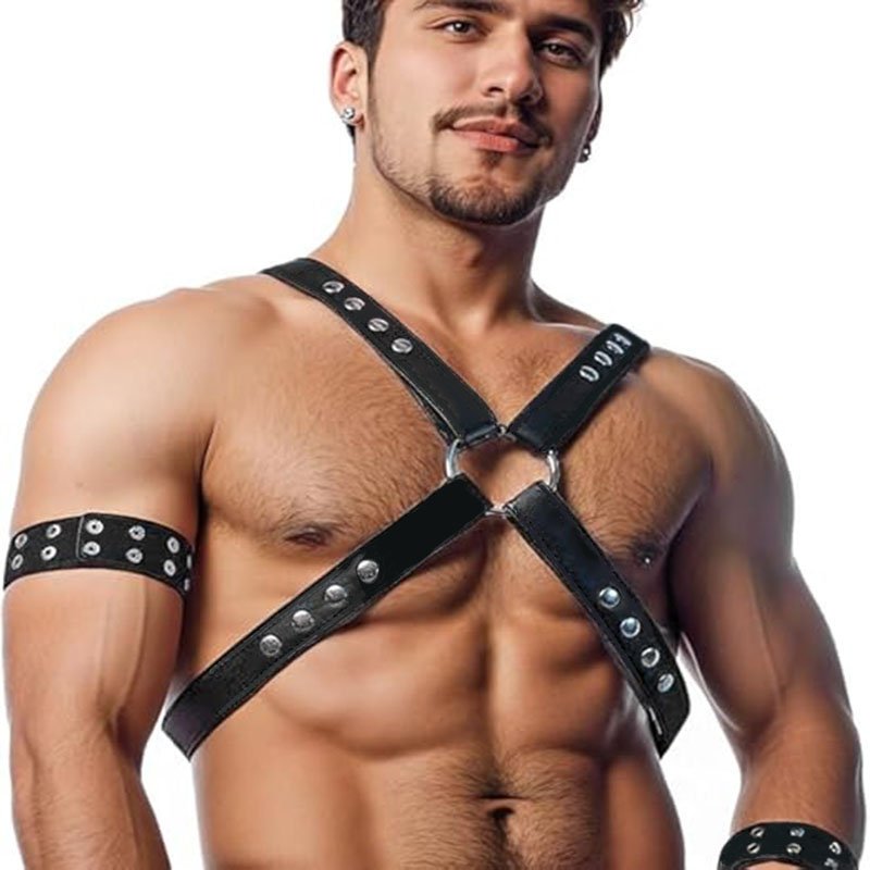 OEM PU Leather Sexy Bondage Gear Men Lingerie Leather Harness Man Black Shoulder Strap Connected Belts