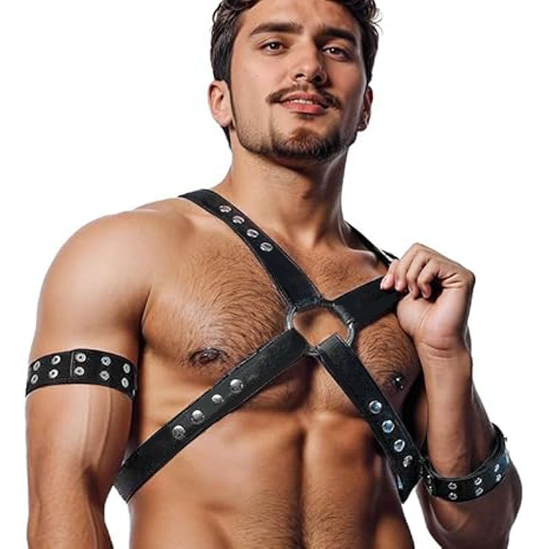 OEM PU Leather Sexy Bondage Gear Men Lingerie Leather Harness Man Black Shoulder Strap Connected Belts