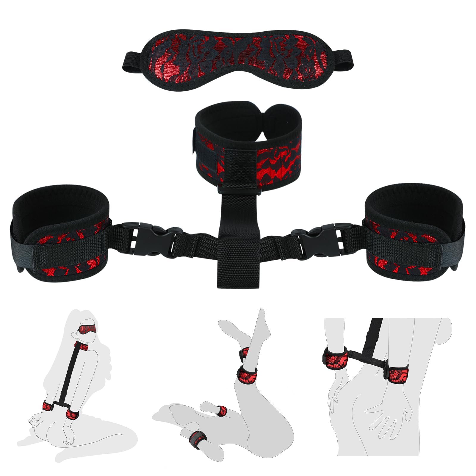 Adjustable Neck to Wrist Restraints Behind Back Handcuffs Collar Blindfold BDSM Bondage Kit Set For Couple Bed Sex Game Play