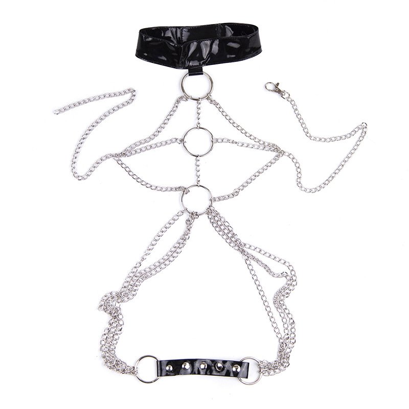 Adult SM Sex Toys Female Bondage Corsets Neck Bondage Erotica Lingerie Triple Loop Chain Patent Leather Panties Body Harness