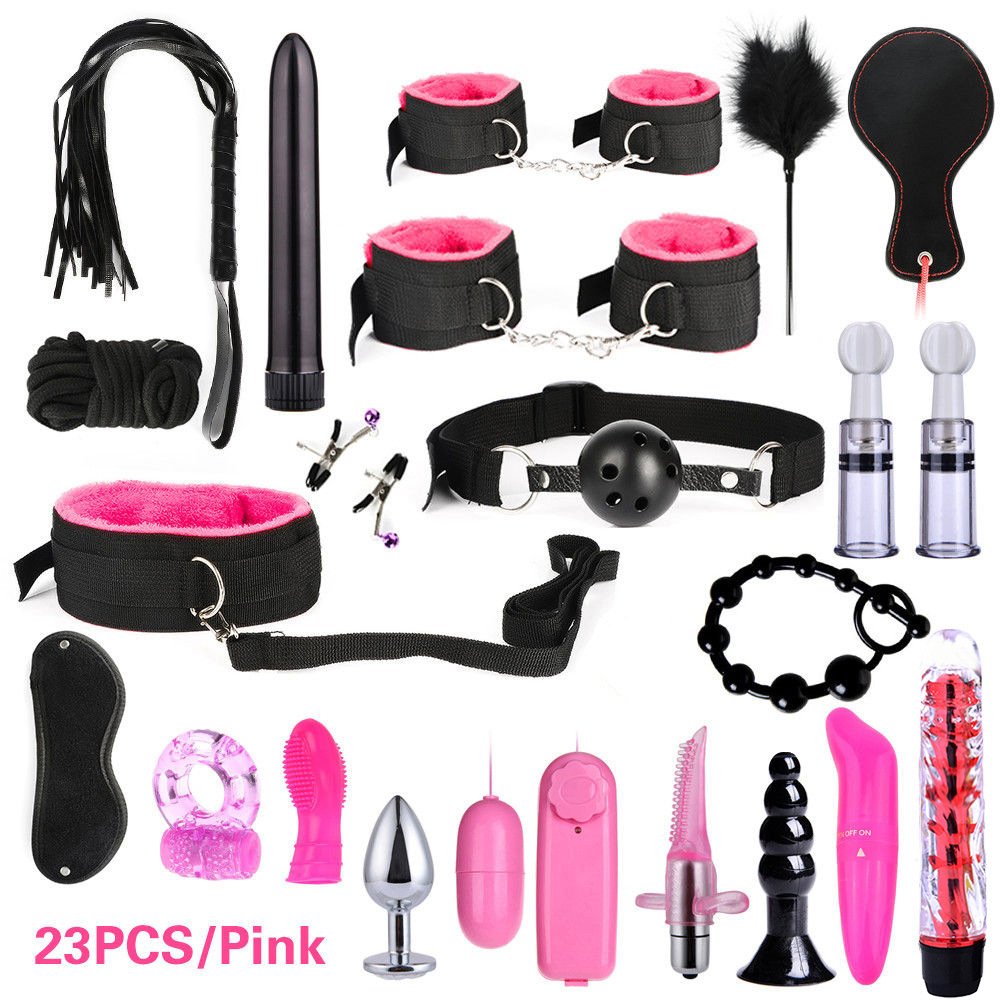 23 pcs Black Bdsm Bondage Restraints Set Kit Ball Gag Cuff Whip Collar Fetish Sex