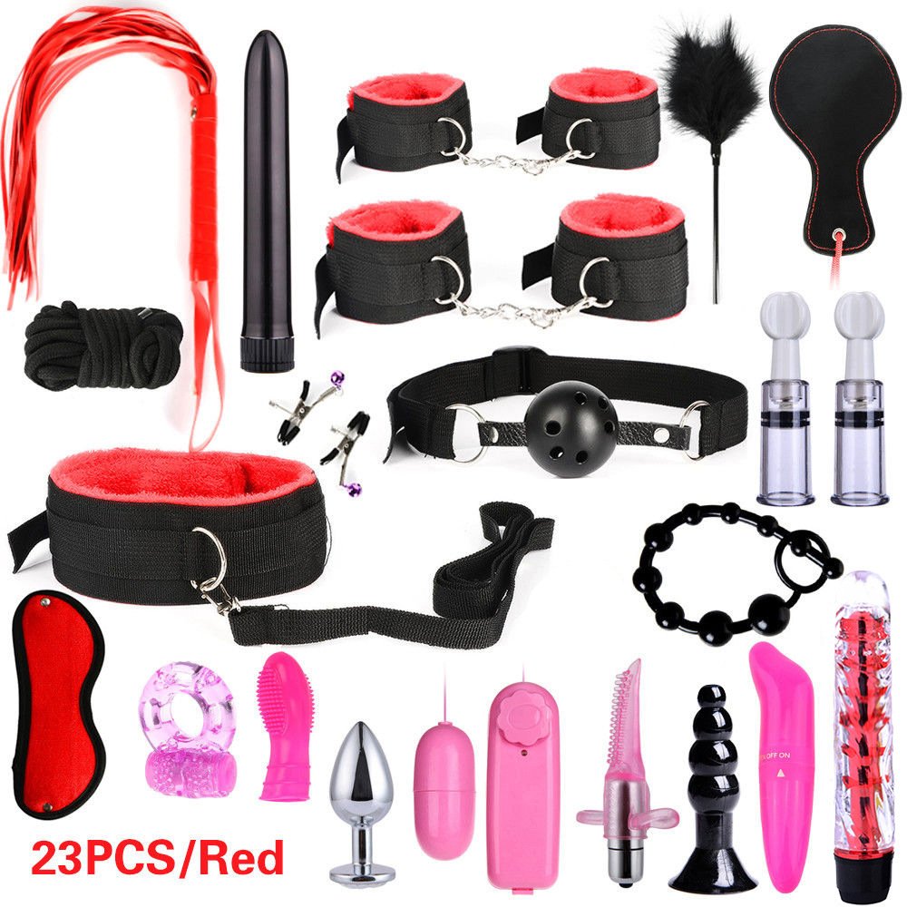 23 pcs Black Bdsm Bondage Restraints Set Kit Ball Gag Cuff Whip Collar Fetish Sex