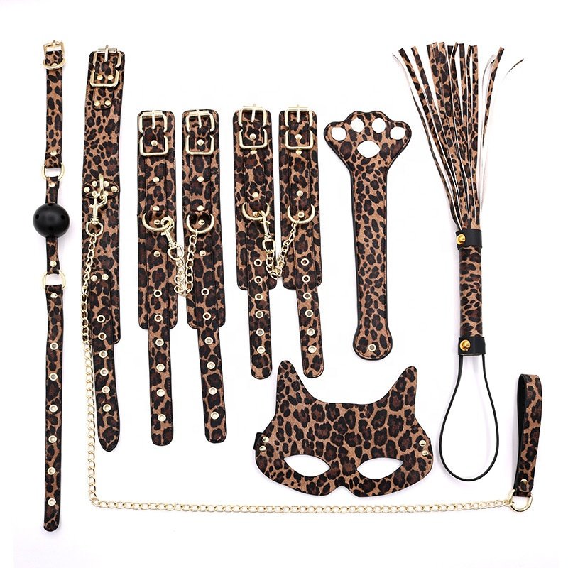 7PCS Leopard Print Sex Bondage Kit Leopard Handcuffs Whip Ball Gag Paddle Erotic Accessories BDSM Sex Toys for Couple Game