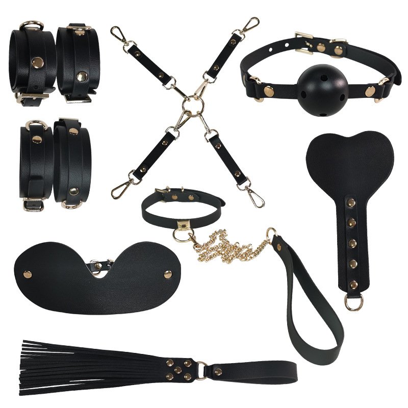 SM Adult Sex Toy Set Nine-Piece Gold BDSM Harness and Collar with Handcuffs Binding Shackle for Couple Play