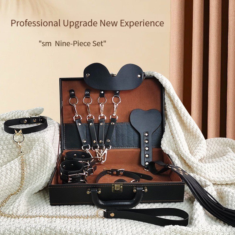 SM Adult Sex Toy Set Nine-Piece Gold BDSM Harness and Collar with Handcuffs Binding Shackle for Couple Play