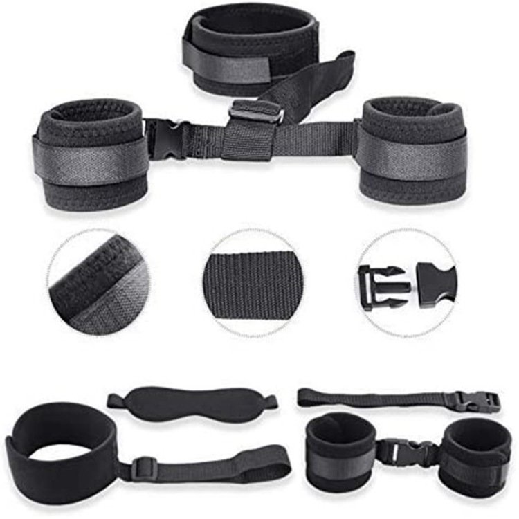 Nylon Straps Fetish back neck to wrist restraint cuffs Couple Punishment Equipment Gear blindfold and handcuffs bondage set