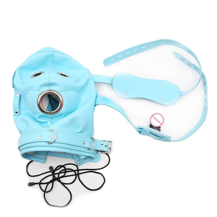Full Face Blinder Detachable Cover Eye Dildo Mouth Gag PU Leather Bondage Head Hood for Unisex Adult Play, BDSM/LGBT Hood