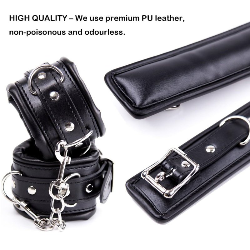BDSM Bondage Handcuffs Sex Restraints, Adjustable Leather Hand Cuffs Bondage Restraints with Silver Metal Buckle