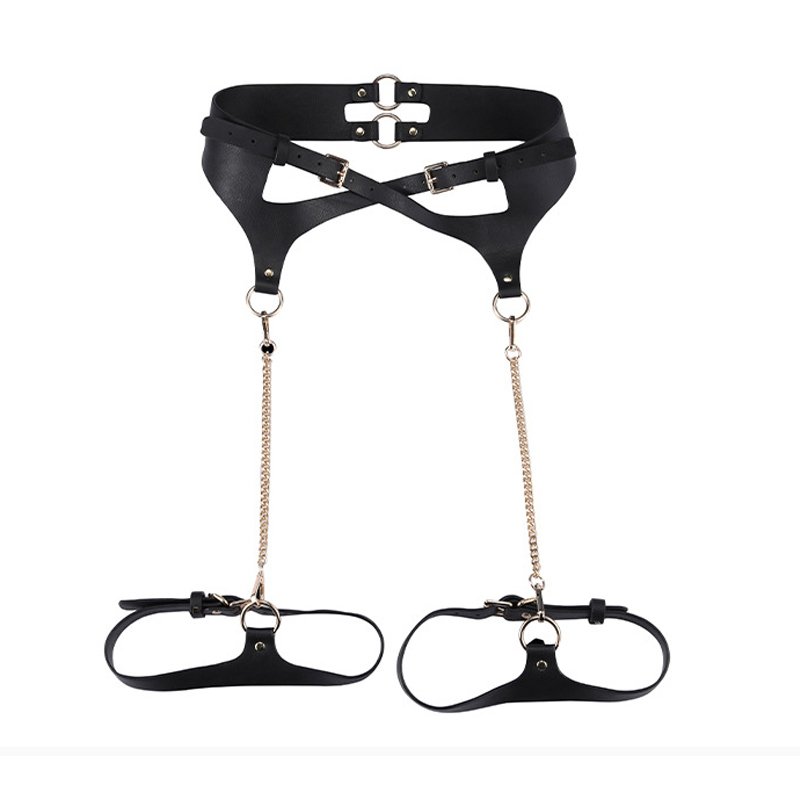 Black Bondage Lingerie Set for Women PU Leather Bondage Gear with Sex Toys for SM Adult Use