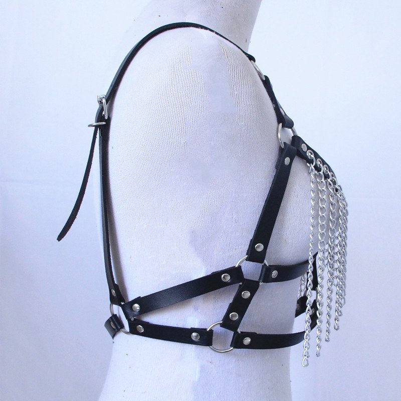Fashion Punk Woman Sexy Bondage gear Leather Harness Chain Tassel Bra Exotic Lingerie Gothic Body Chain Belt Lingerie