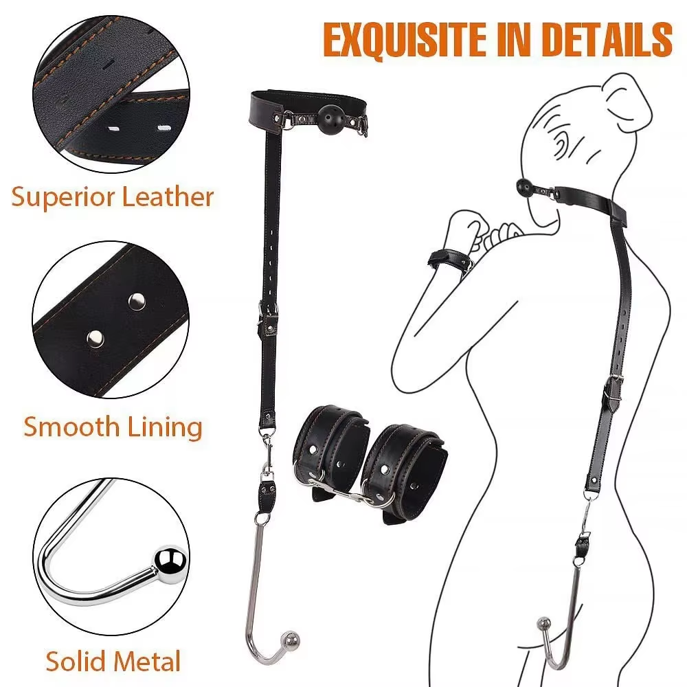 Slaves train couples to play Mouth Gag Handcuffs Ass Intruder Butt Plug Leather BDSM Bondage Restraint Gear With Metal Anal Plug