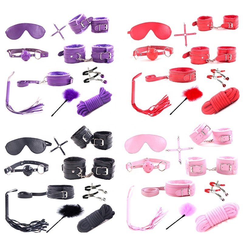 Fast Shipping Bondage Gears Bdsm Sex Toys 10 pieces Leopard PU Leather Bsdm Sex Bondage Set with Lock Handcuffs