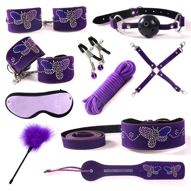 Fast Shipping Bondage Gears Bdsm Sex Toys 10 pieces Leopard PU Leather Bsdm Sex Bondage Set with Lock Handcuffs