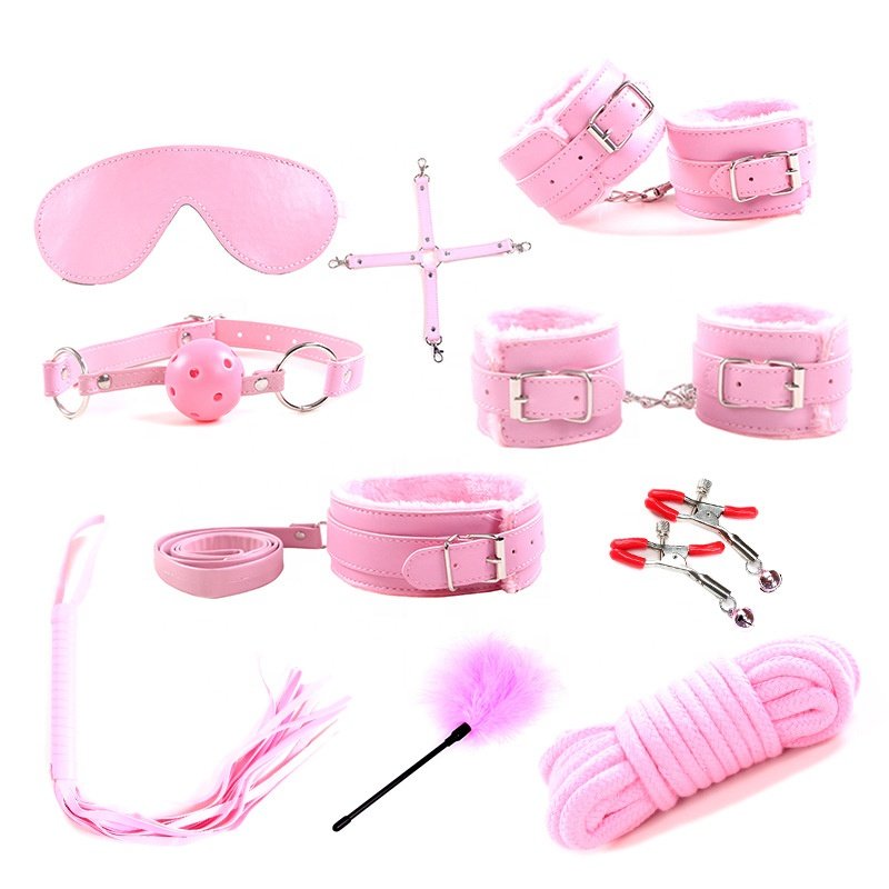 Fast Shipping Bondage Gears Bdsm Sex Toys 10 pieces Leopard PU Leather Bsdm Sex Bondage Set with Lock Handcuffs