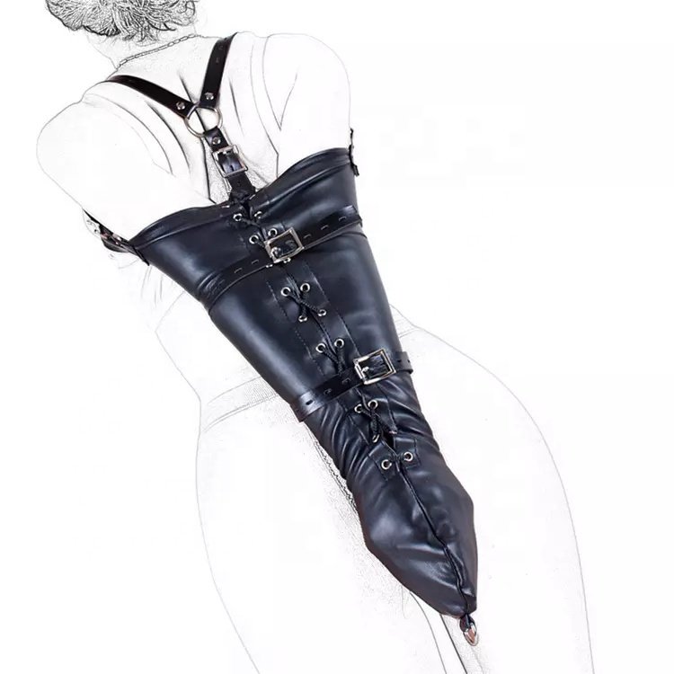 Black Leather SM Body Harness Restraint Slave Fetish One Armbinder Bondage Arms Binder