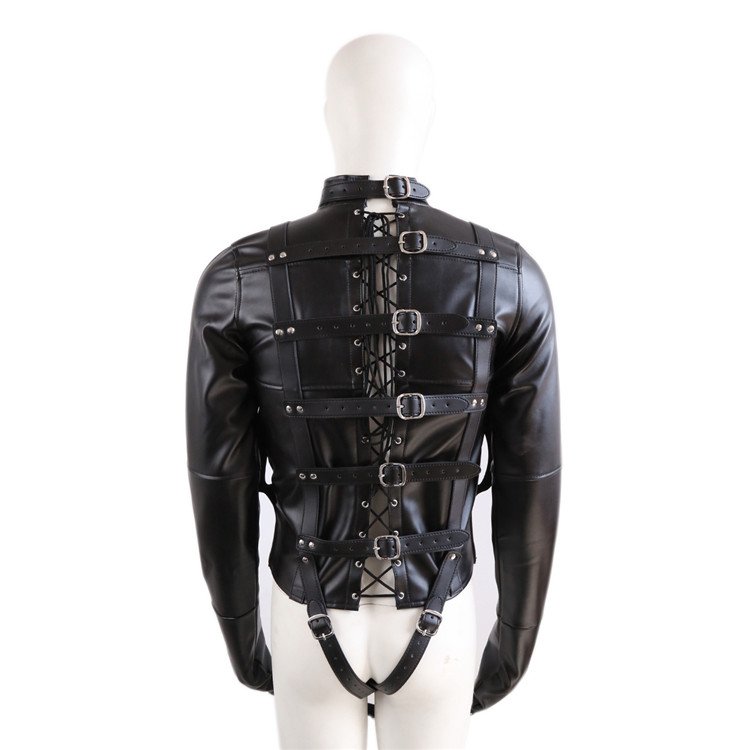 Mens PU Leather Fancy Straight Jacket SM Body Harness Fetish Cosplay BDSM Bondage Gear