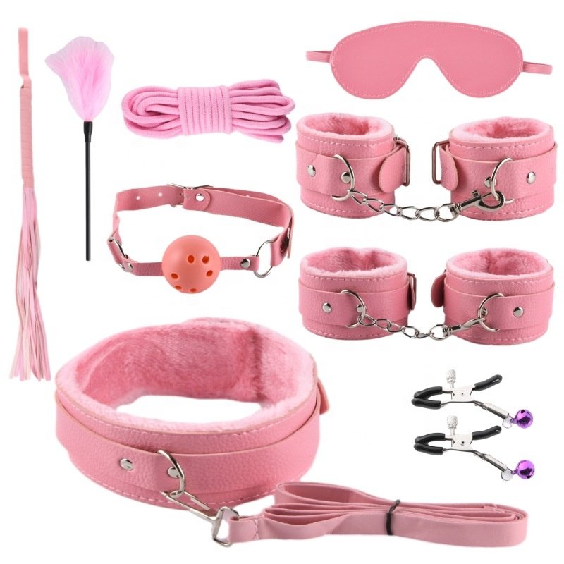 9pcs Litchi BDSM Bondage Set Leather Flirting Whip Handcuffs Plush BDSM Adult Toy SM Bondage