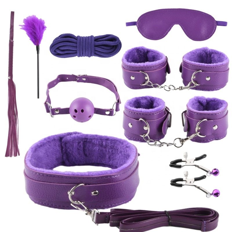 9pcs Litchi BDSM Bondage Set Leather Flirting Whip Handcuffs Plush BDSM Adult Toy SM Bondage