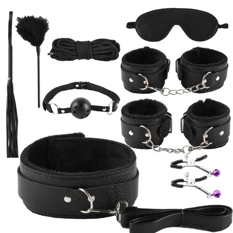 9pcs Litchi BDSM Bondage Set Leather Flirting Whip Handcuffs Plush BDSM Adult Toy SM Bondage