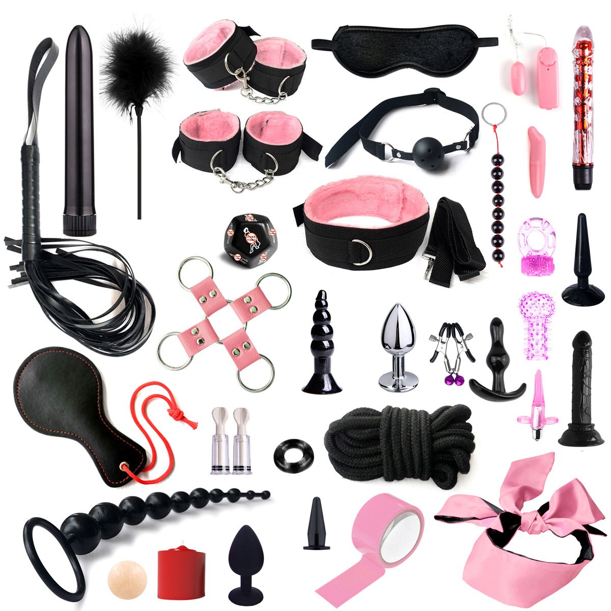 BDSM Set Kits Bondage Gear Handcuffs Nipple Clamps Whip Spanking Anal Plug Adults SM Sex Toys for Women Men