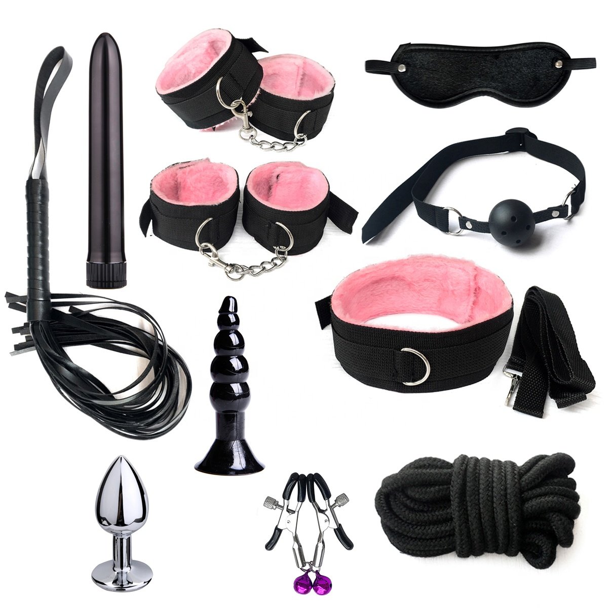 11pcs Anal Plug Handcuffs Mouth Gag Kit Fetish Bondage Restraint Slave bullet-Vibrator Bdsm Suit for Adult Sex Game