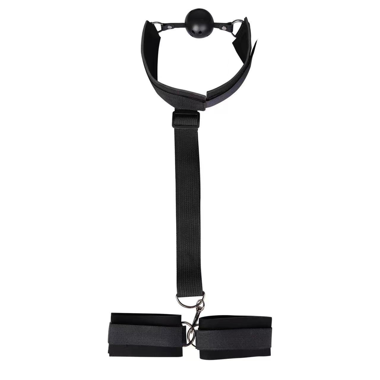 SM Bondage Gear Collar with Breathable Ball Gag and Wrist Cuffs Body Restraint for Adult
