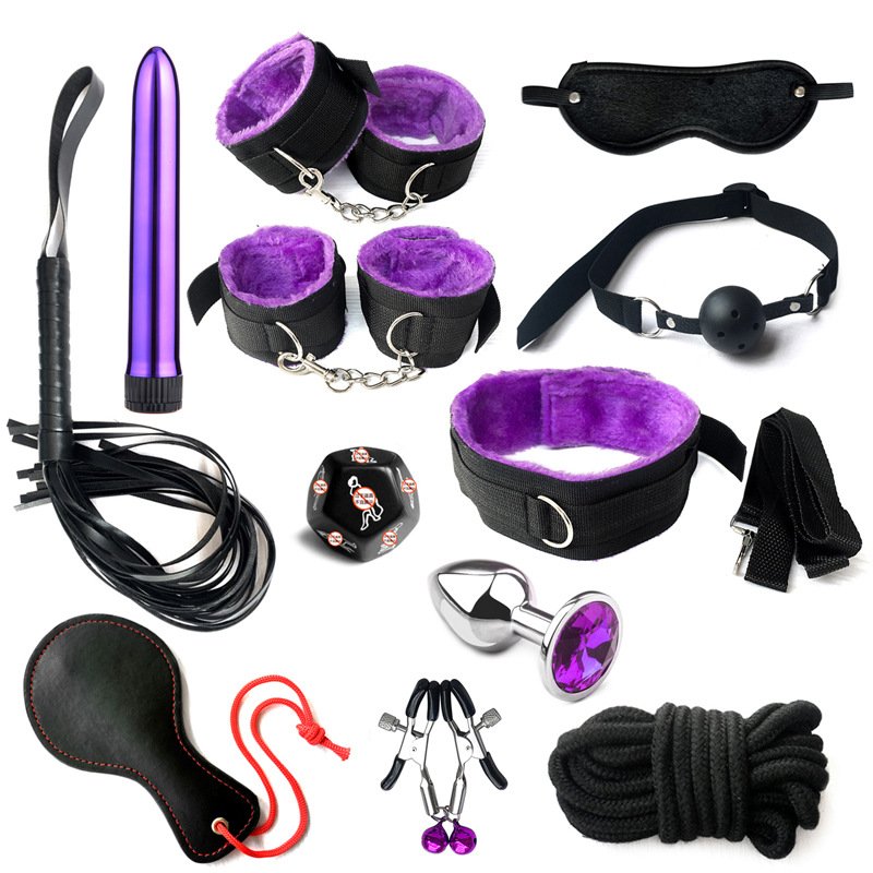 12pcs/set Rope Bondage Suit Handcuffs Set Blindfold Paddle Nipple Clamps Metal Anal Plug Adult Sex Toy BDSM Product For Couple