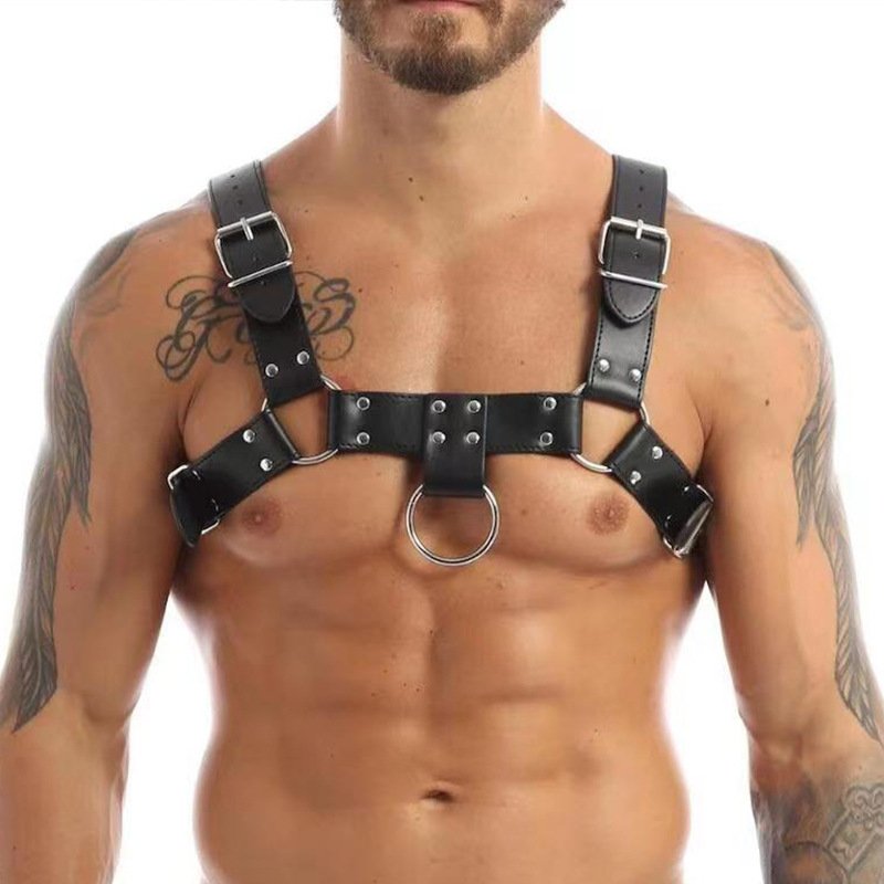 BDSM Bondage Gear Mens Sexy PU Leather Adjustable Buckle Straps Chest Harness With O-rings Clubwear Costume