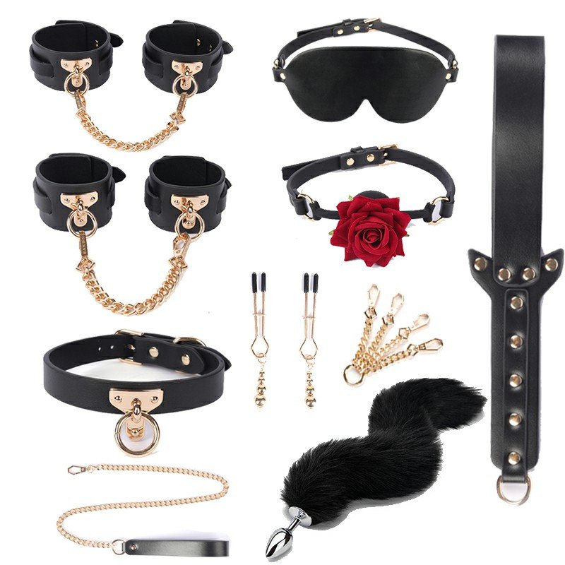 Free Custom Box - Luxury Bed Bondage Set Genuine Leather Bdsm Kits Restraint Handcuffs Collar Gag Erotic Couples Games