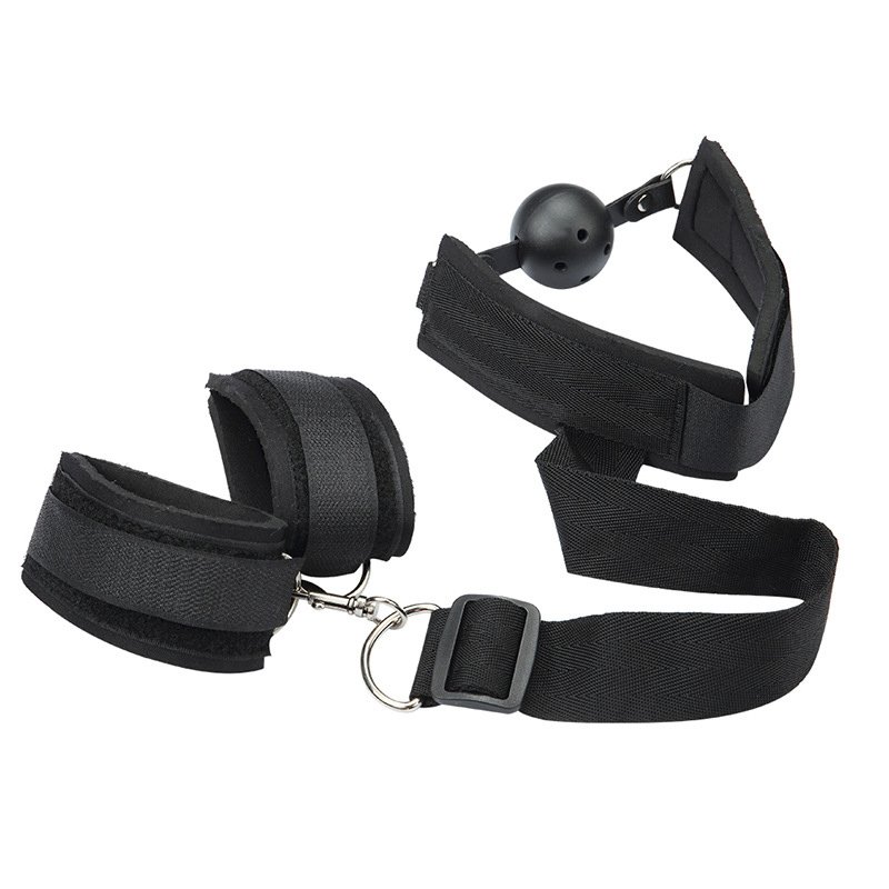 Wholesale Black Ribbon Material Bondage Kit with Handcuffs and Mouth Ball Toys BDSM Sex Toys for Women