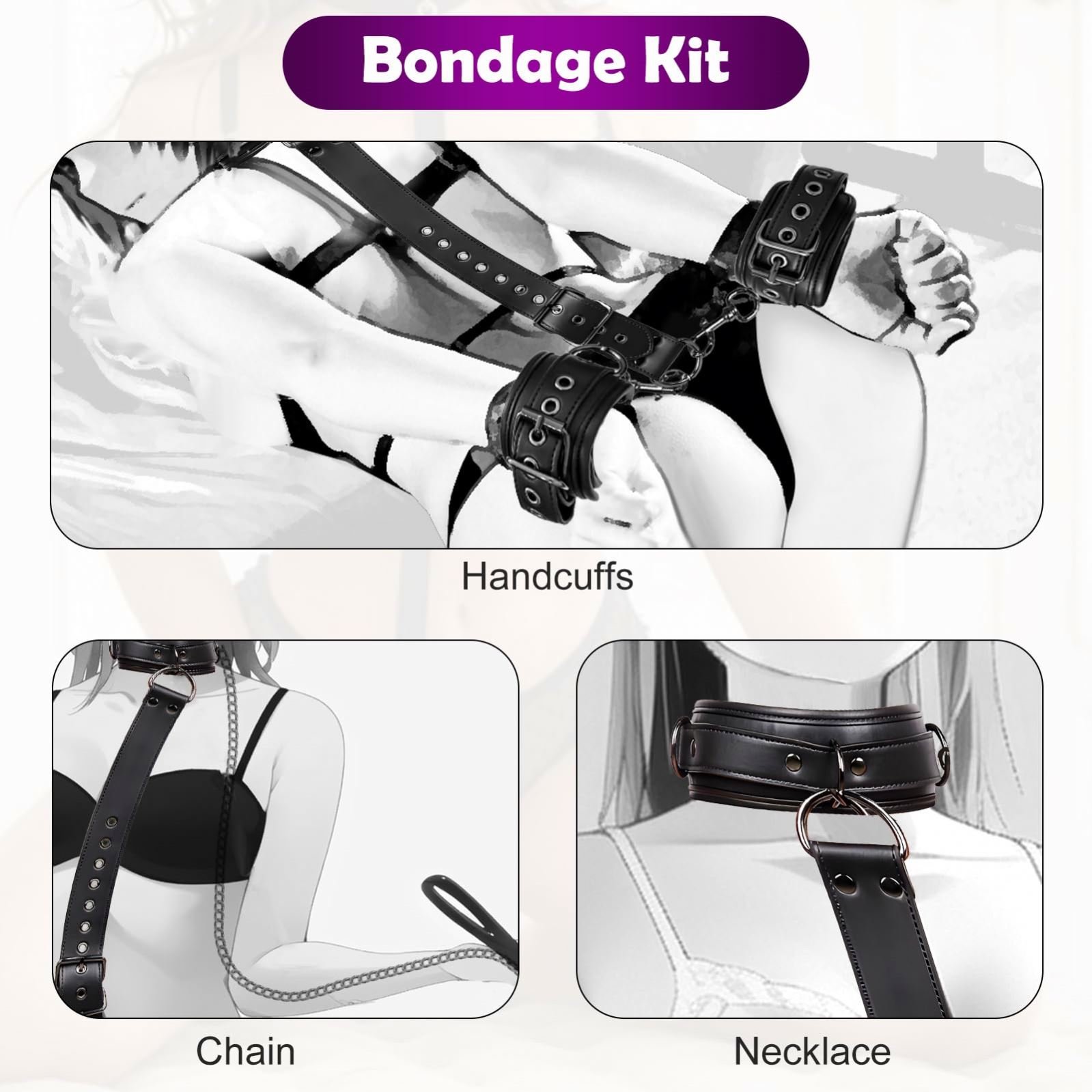 XFF Bed SM Kit with Adjustable Handcuffs Collar, Rope, Blindfold, Detachable Bondage Gear for Women Couples