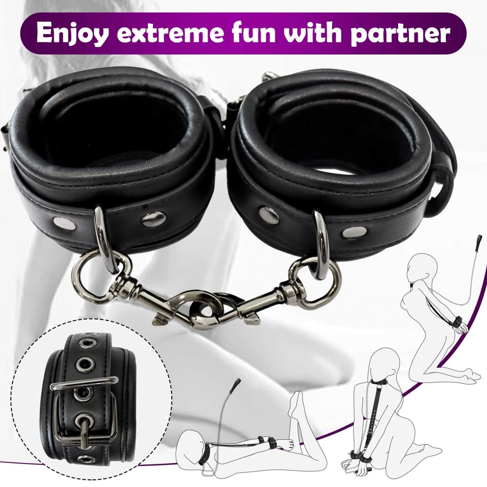 XFF Bed SM Kit with Adjustable Handcuffs Collar, Rope, Blindfold, Detachable Bondage Gear for Women Couples