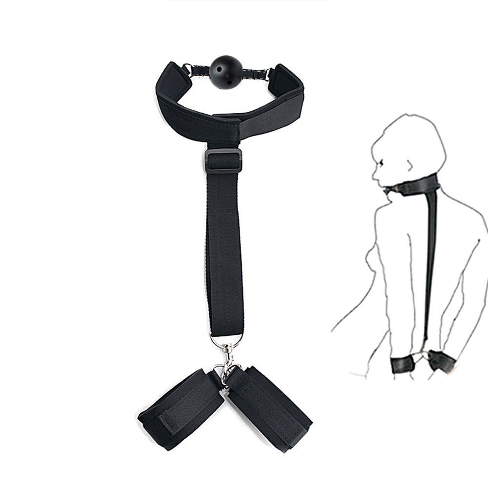Female toy restraint device BDSM ball mouth plug with leather handcuffs collar SM kit adult couple restraint props sex appliance