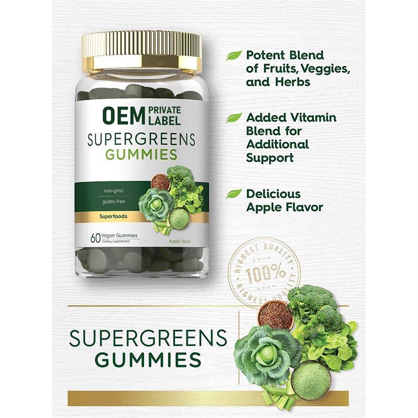 60Counts Natural Apple Flavor Gummies Vitamin B12 & Zinc Vegan Super Greens Gummies Gluten Free Healthcare Supplement For Adults