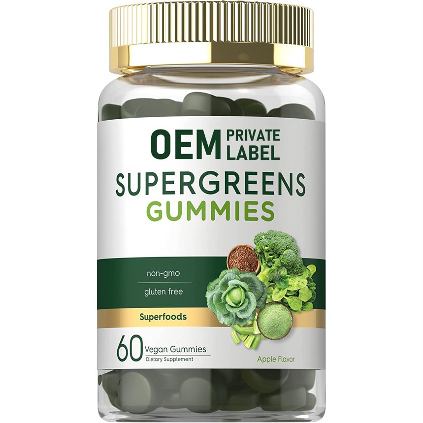 60Counts Natural Apple Flavor Gummies Vitamin B12 & Zinc Vegan Super Greens Gummies Gluten Free Healthcare Supplement For Adults