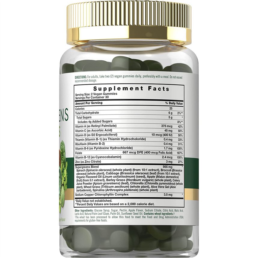 60Counts Natural Apple Flavor Gummies Vitamin B12 & Zinc Vegan Super Greens Gummies Gluten Free Healthcare Supplement For Adults