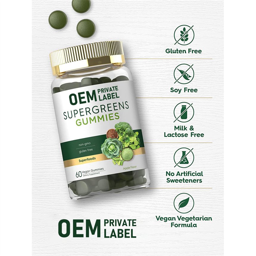 60Counts Natural Apple Flavor Gummies Vitamin B12 & Zinc Vegan Super Greens Gummies Gluten Free Healthcare Supplement For Adults