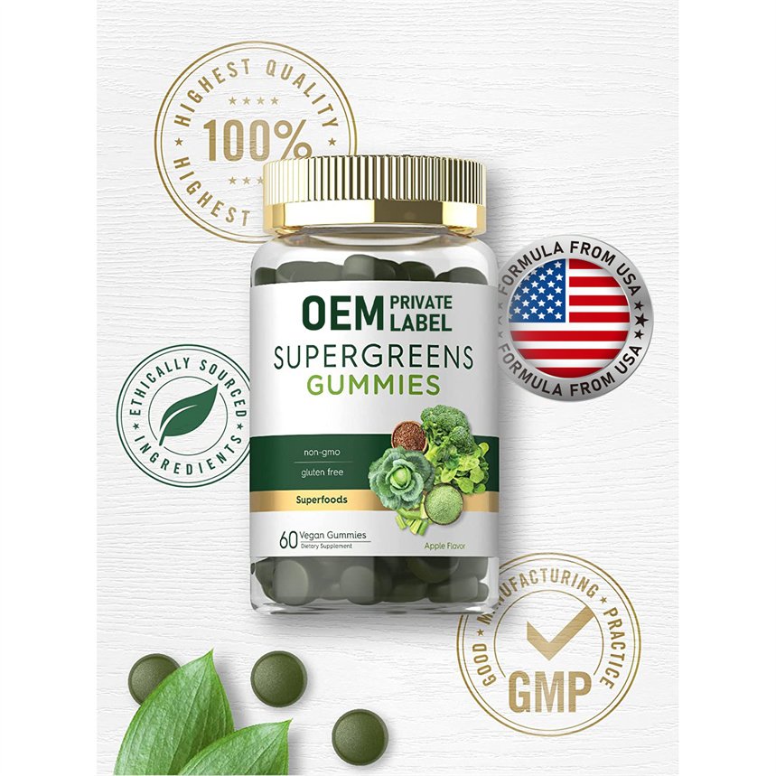 60Counts Natural Apple Flavor Gummies Vitamin B12 & Zinc Vegan Super Greens Gummies Gluten Free Healthcare Supplement For Adults