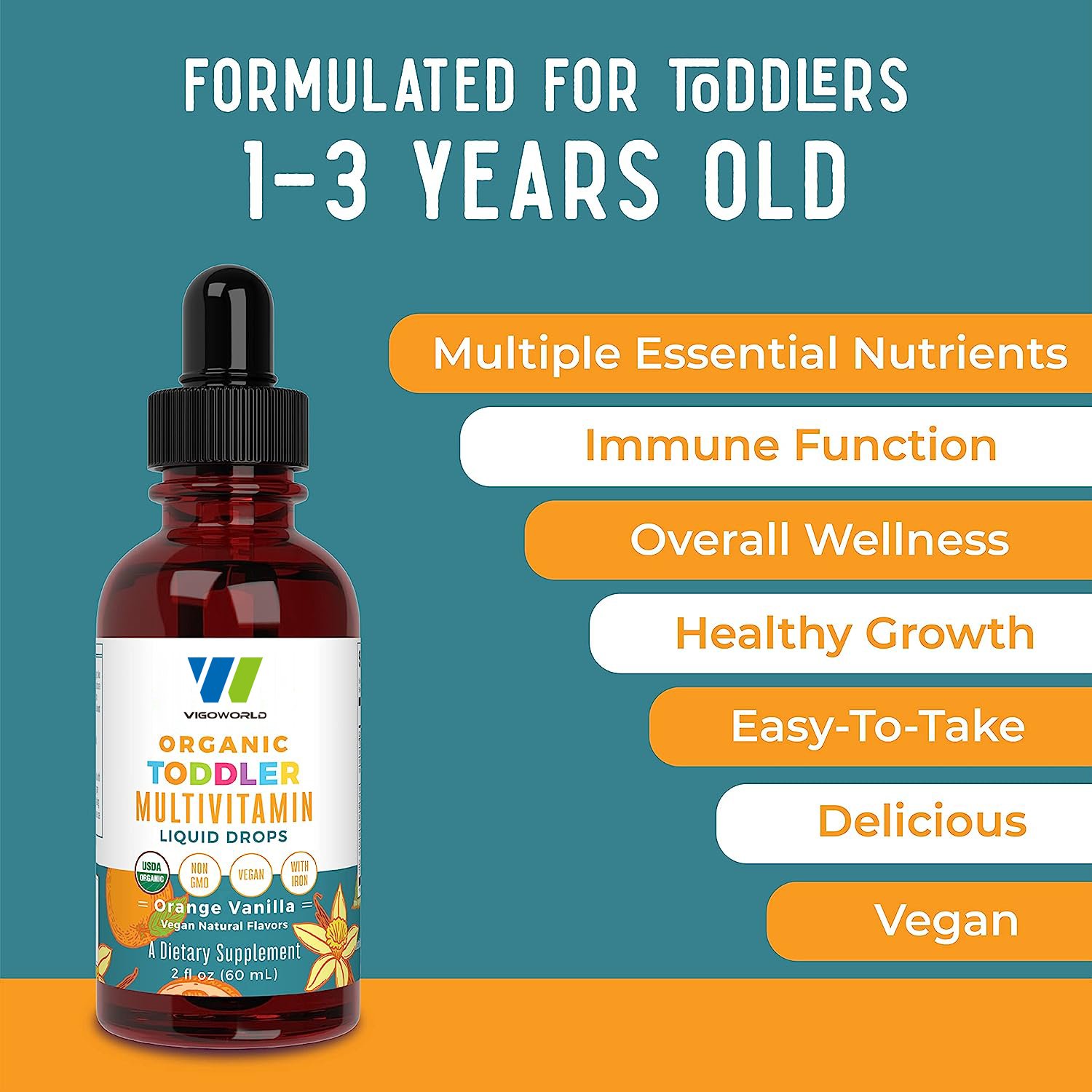 Vegan Sugar-Free Multivitamin & Multimineral Liquid Drops for Toddlers Kids Immune Support with Iron Overall Wellness Vitamins