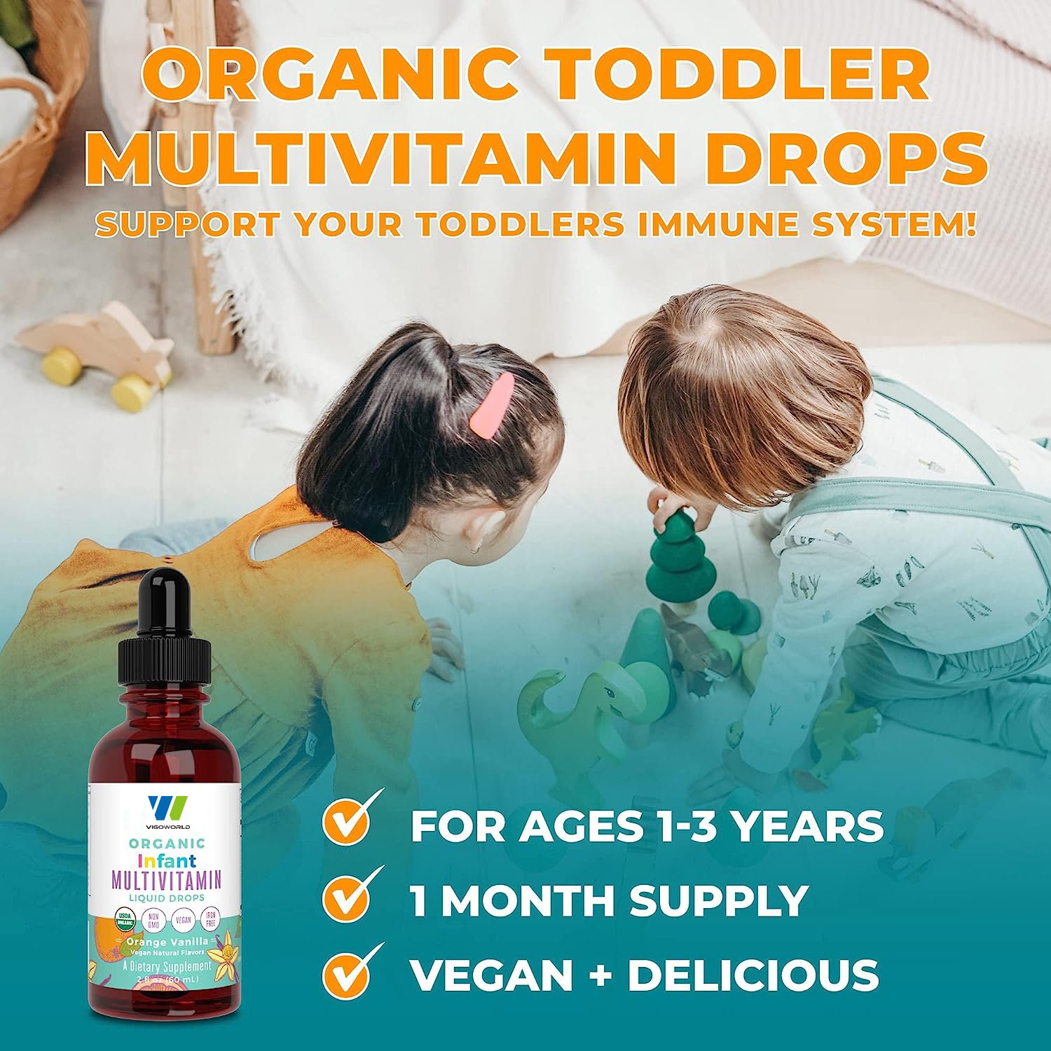 Vegan Sugar-Free Multivitamin & Multimineral Liquid Drops for Toddlers Kids Immune Support with Iron Overall Wellness Vitamins
