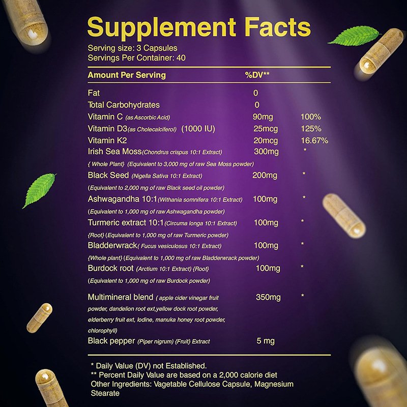 OEM/ODM private label Sea Moss Capsules Black Seed Oil Ashwagandha vitamin D3 Sea moss Supplements for Skin