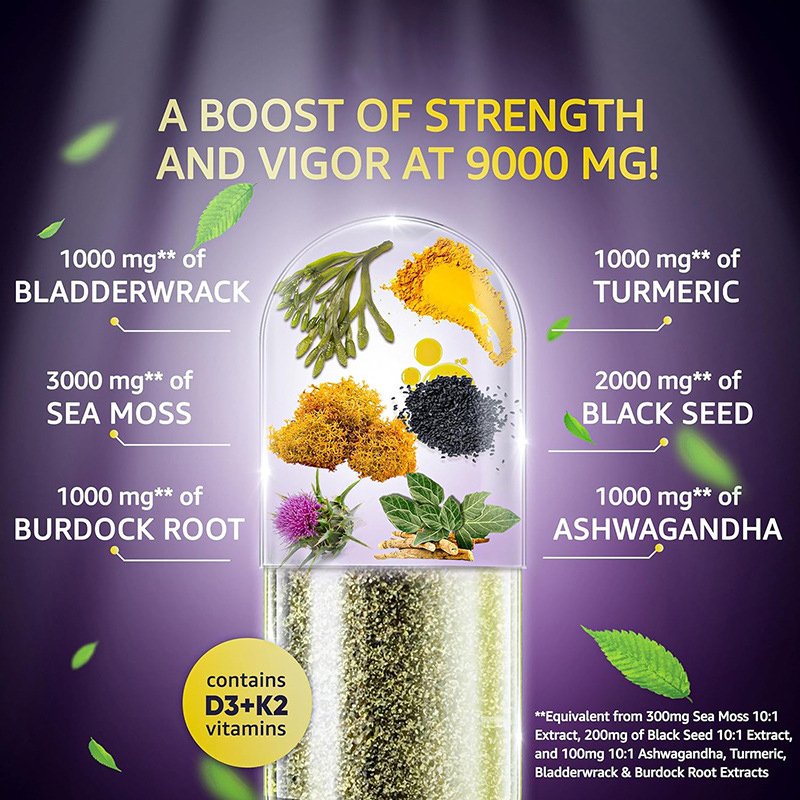 OEM/ODM private label Sea Moss Capsules Black Seed Oil Ashwagandha vitamin D3 Sea moss Supplements for Skin