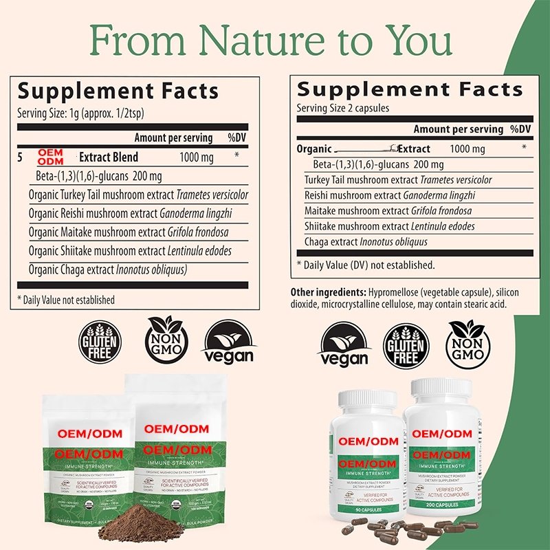 Organic Mushroom Extract 200 Caps Non-GMO Mushroom Supplement for Brain Focus Immune Support