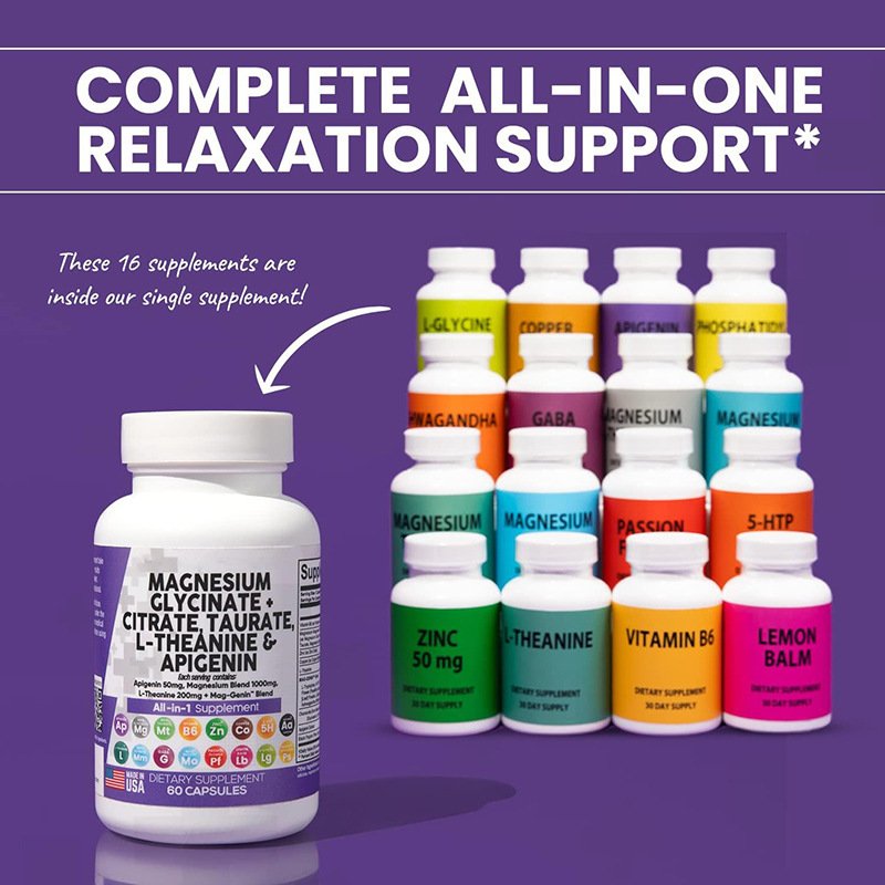 Magnesium Glycinate Complex Capsules with L-Theanine Apigenin Citrate Taurate All in 1 Supplement capsules