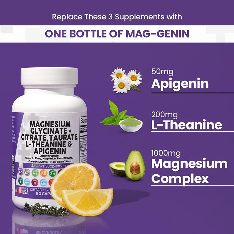 Magnesium Glycinate Complex Capsules with L-Theanine Apigenin Citrate Taurate All in 1 Supplement capsules