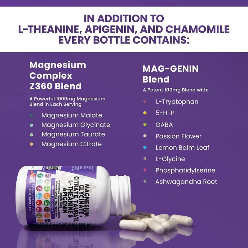 Magnesium Glycinate Complex Capsules with L-Theanine Apigenin Citrate Taurate All in 1 Supplement capsules