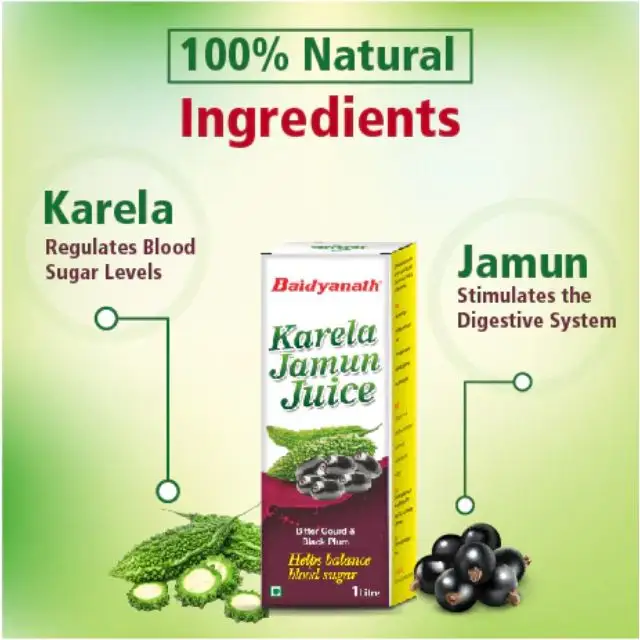 Baidyanath Karela Jamun Juice 1-Liter Pack Pure Herbal Supplements Plant Extracts from India Healthcare Supplements